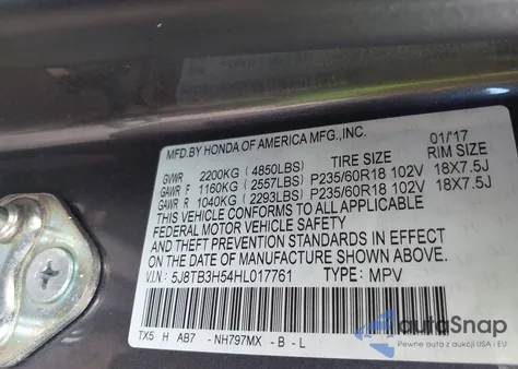2017 Acura Rdx Technology Acurawatch Plus Packages/W/Technology Package from USA, damaged, VIN 5J8TB3H54HL017761